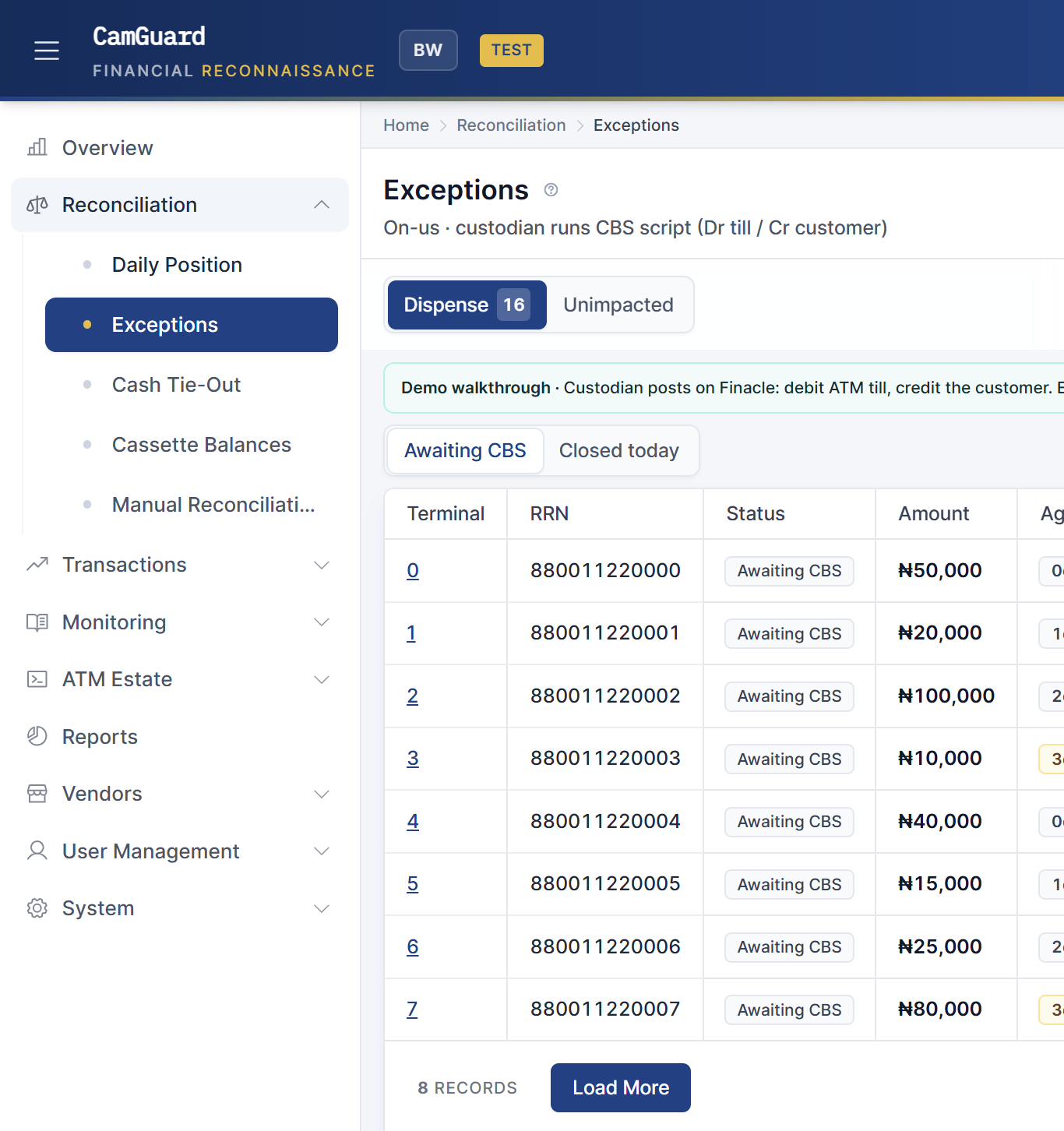 Camguard Exceptions — RRN search, dispense exceptions, and CBS posting queue